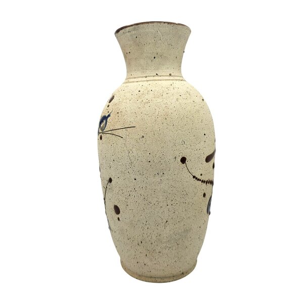 Mexican Tonala Pottery Vase Bird & Floral Design Beige Brown Blue - Picture 9 of 16